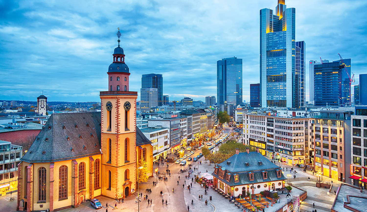 Frankfurt skyline at dusk, host city of Solace Connect Frankfurt 2026