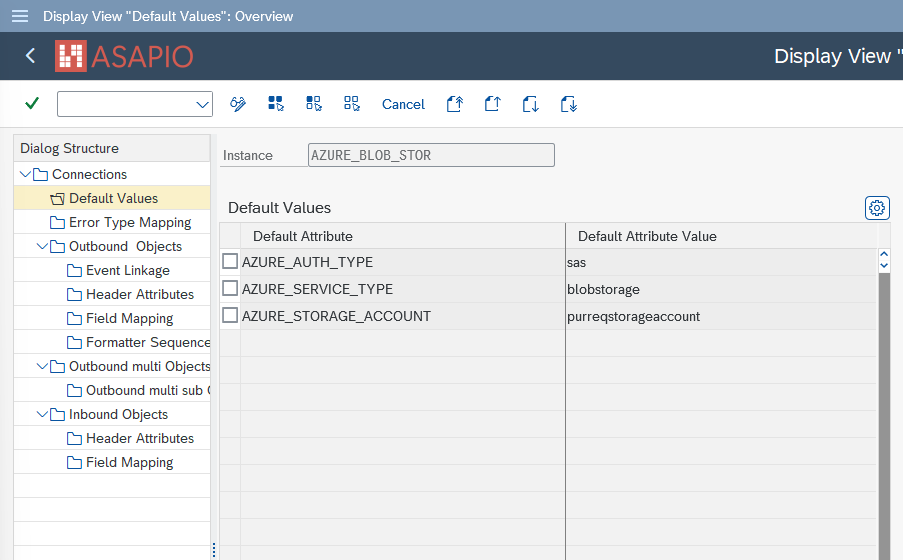 Azure SAS connection default values