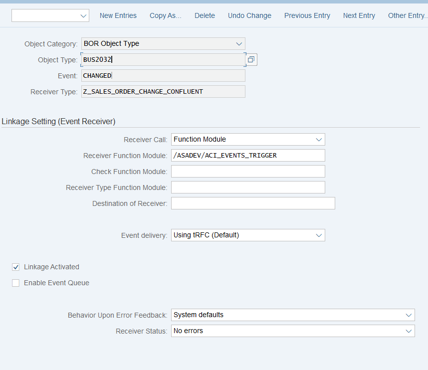 SWE2 event linkage — Object Type BUS2032, Receiver Function Module /ASADEV/ACI_EVENTS_TRIGGER, Linkage Activated