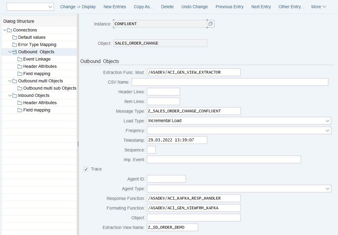 Outbound object configuration for the Message Builder method (/ASADEV/ACI_GEN_VIEW_EXTRACTOR)