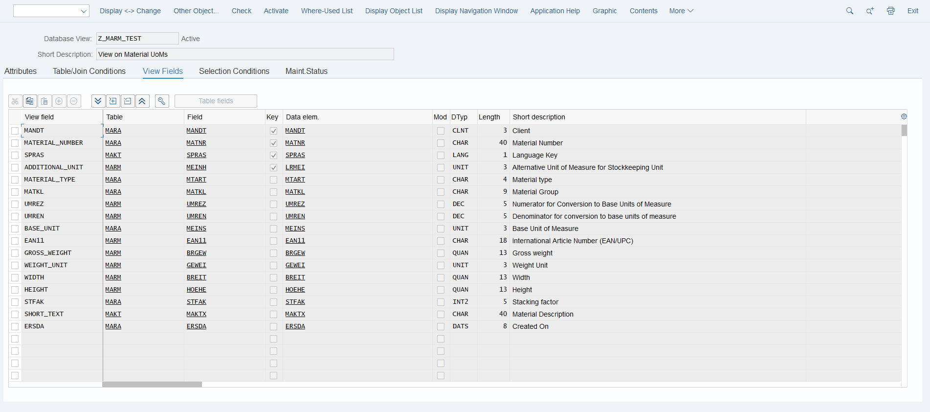Fields of the material master database view