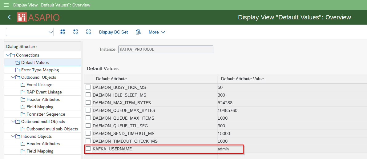 Default Values entry KAFKA_USERNAME set to admin