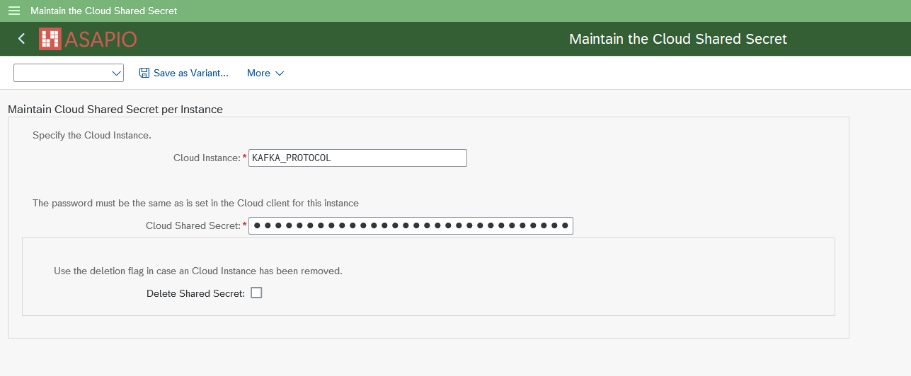 Maintain the Cloud Shared Secret screen for the KAFKA_PROTOCOL cloud instance