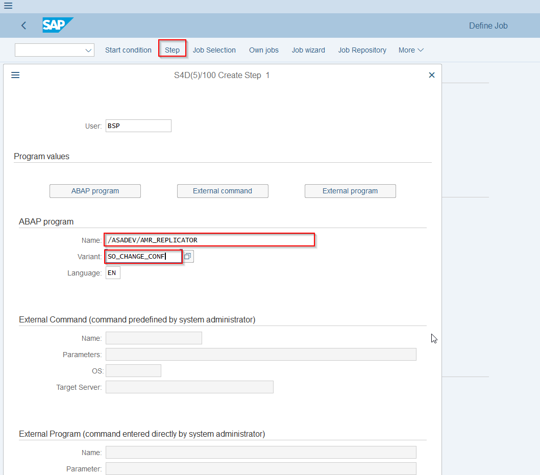 SM36 job step using report /ASADEV/AMR_REPLICATOR with the saved variant