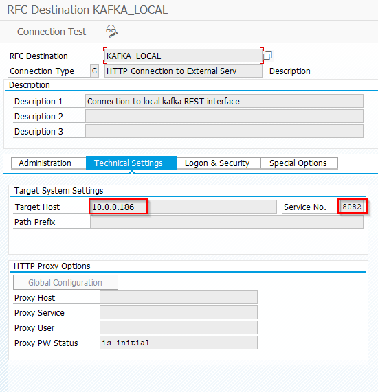 SM59 RFC destination Technical Settings tab — target host and port for the Confluent REST Proxy