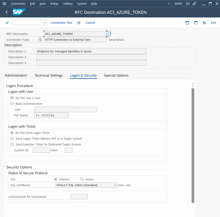 SM59 RFC destination ACI_AZURE_TOKEN, Logon & Security