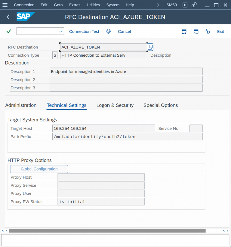 SM59 RFC destination ACI_AZURE_TOKEN, Technical Settings with the Azure Instance Metadata Service target host and path prefix