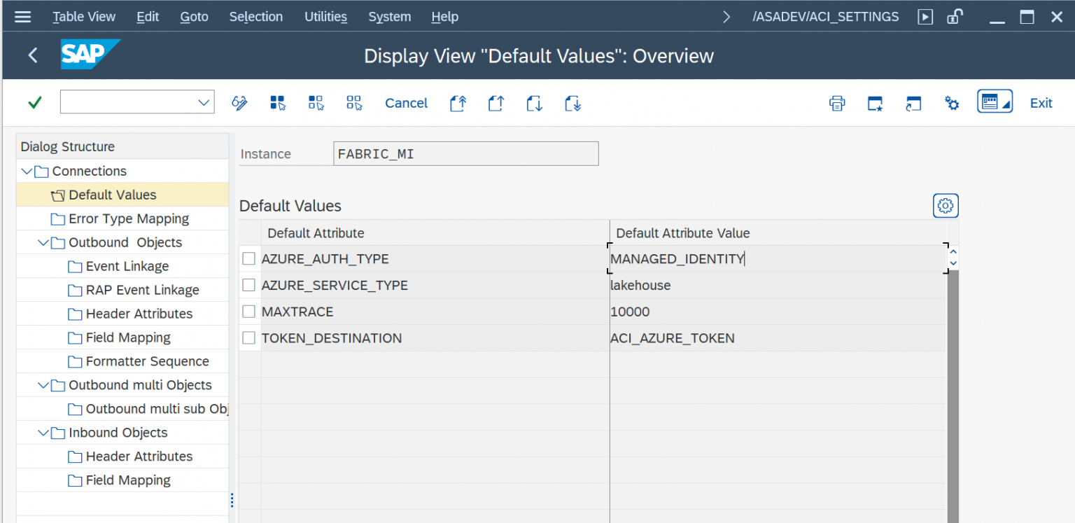 Default Values for the FABRIC_MI connection instance