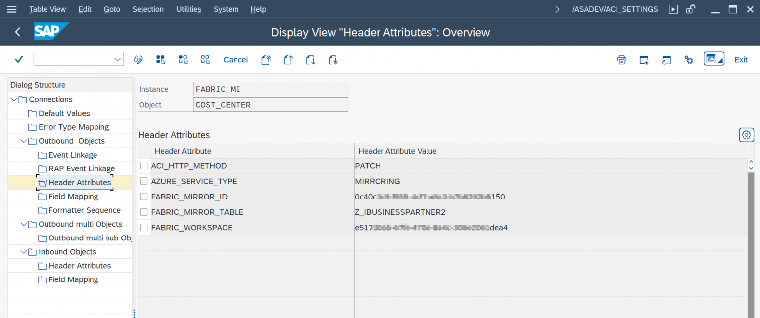 Header Attributes for an outbound object on the Managed Identity connection