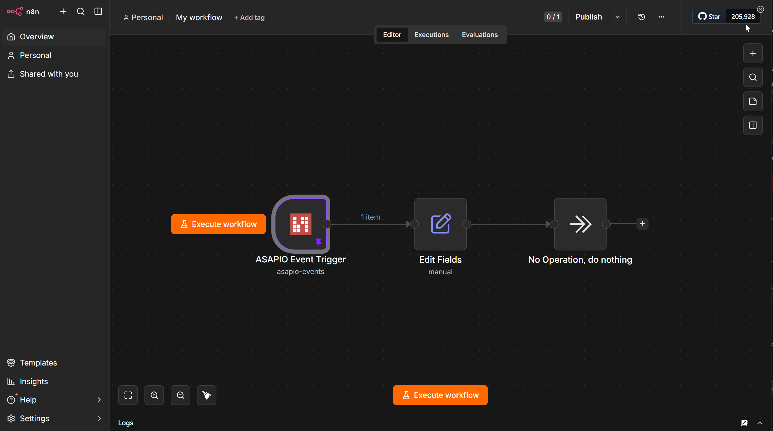n8n workflow with the ASAPIO Event Trigger node (path asapio-events) passing one item to an Edit Fields node and a No Operation node