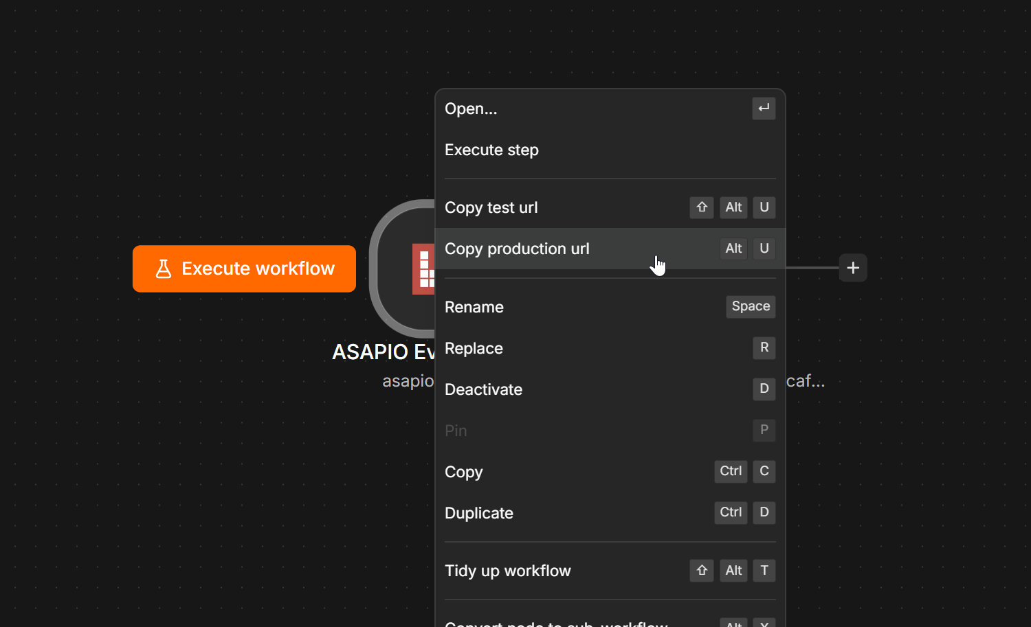 Right-click context menu on the ASAPIO Event Trigger node in n8n, with Copy production url highlighted