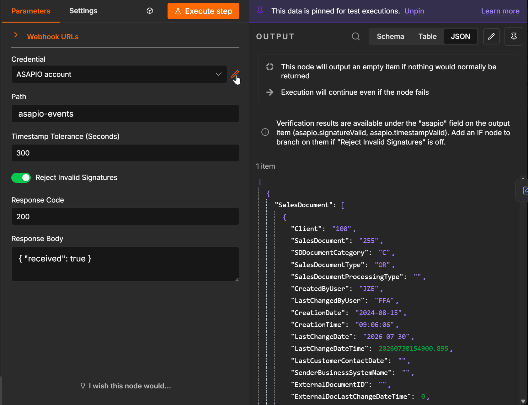 ASAPIO Event Trigger node in n8n: credential, Path, Timestamp Tolerance, Reject Invalid Signatures, Response Code and Response Body parameters, with a received SAP sales document in the output