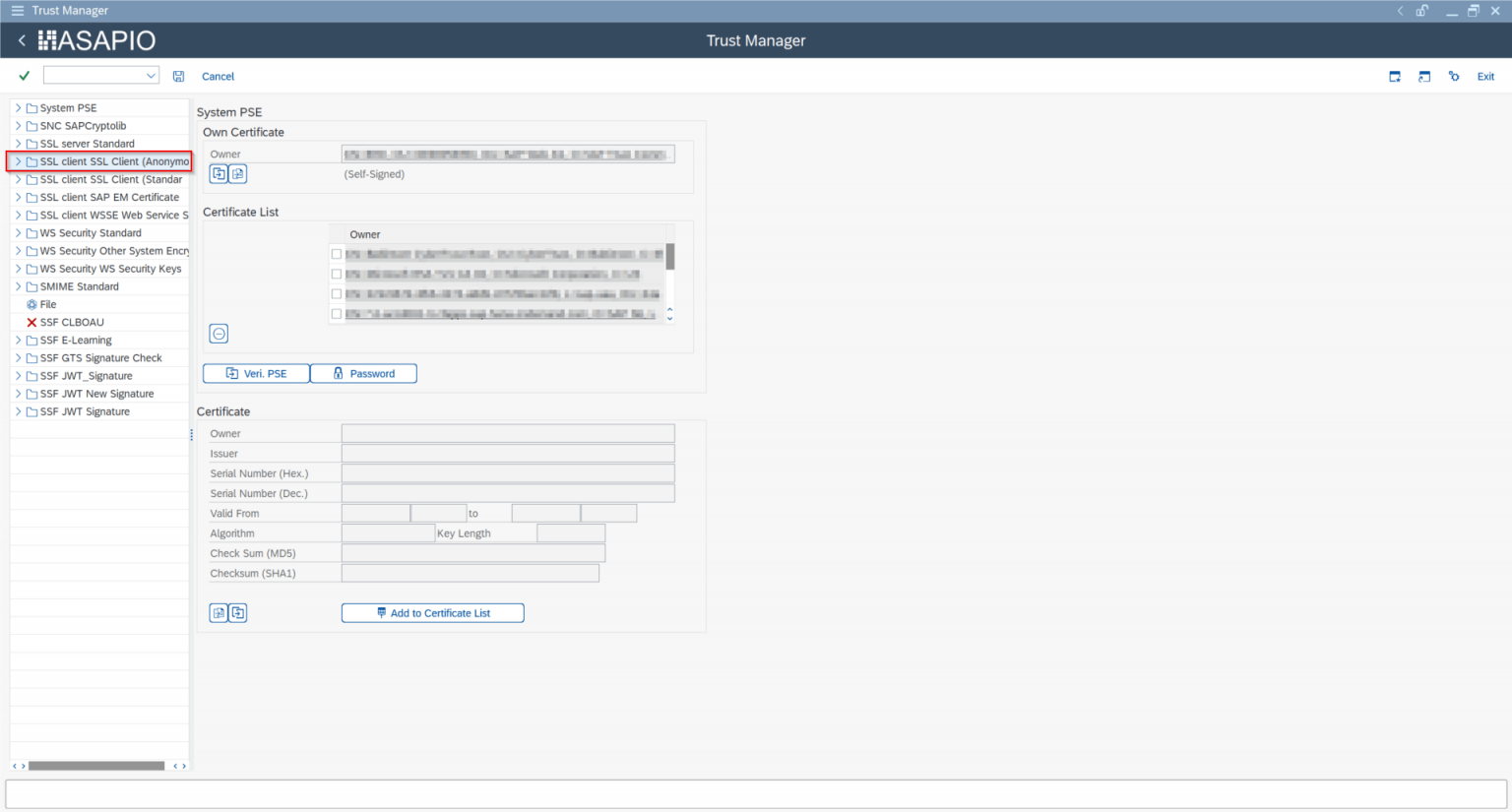 STRUST Trust Manager showing the SSL Client (Anonymous) PSE node