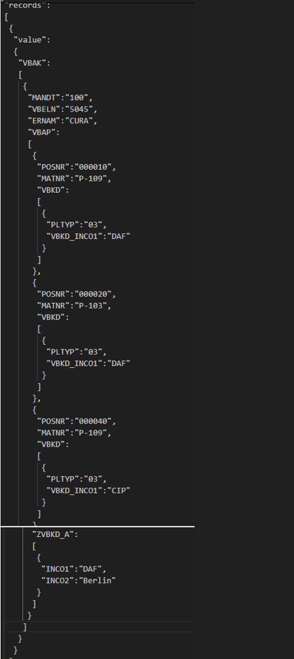 Resulting JSON payload with header and item-level Incoterms