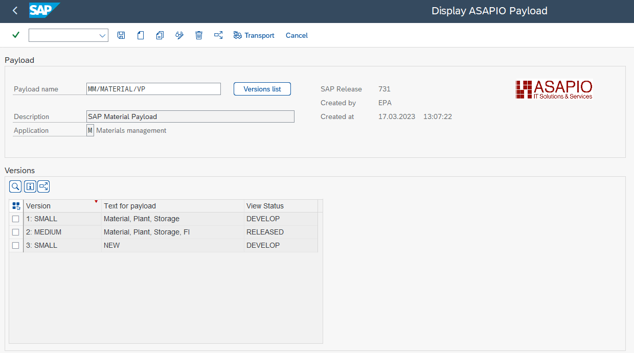 Payload Designer start screen — payload name, description and list of versions