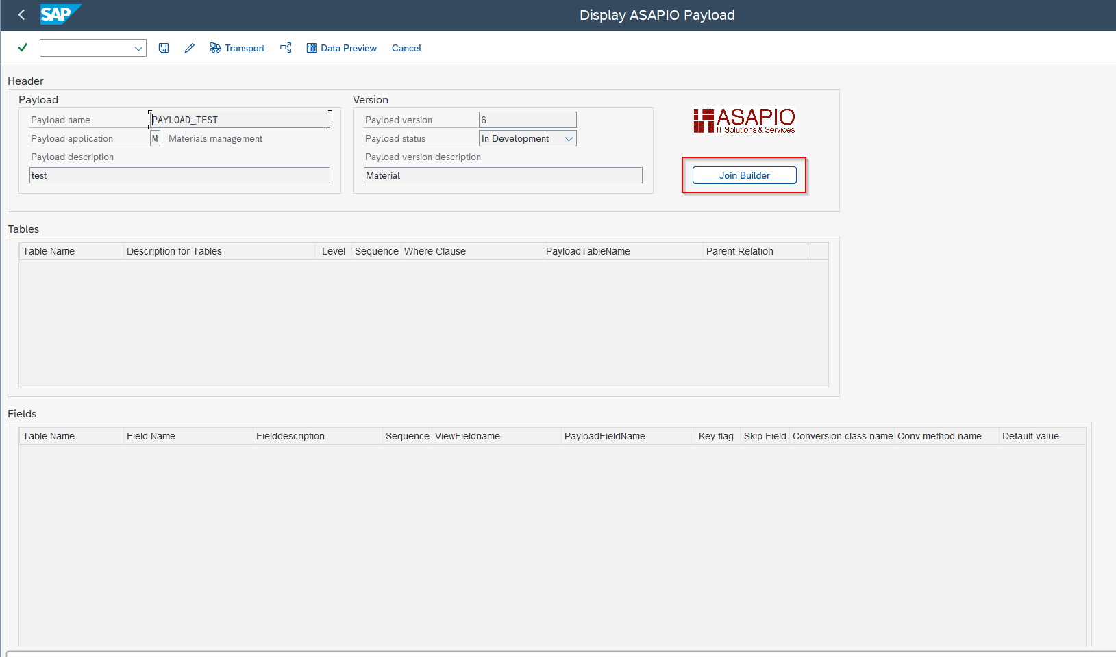 Payload Designer version main screen actions