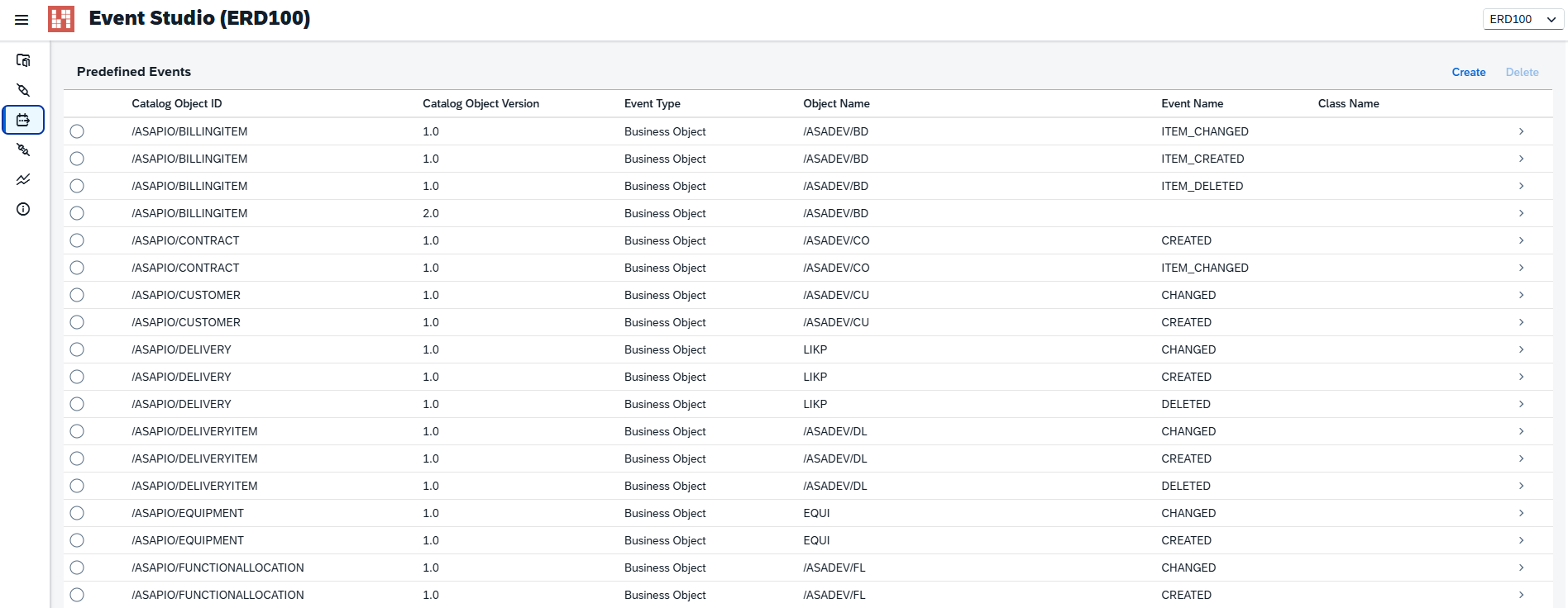 Event Studio — Predefined Events list