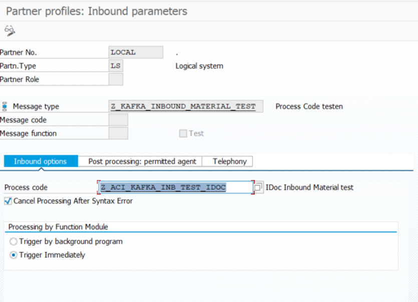 Partner profiles inbound parameters detail with process code