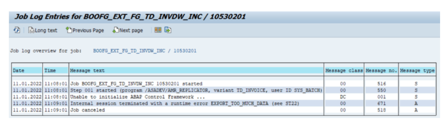 Job log showing a job cancelled with runtime error EXPORT_TOO_MUCH_DATA
