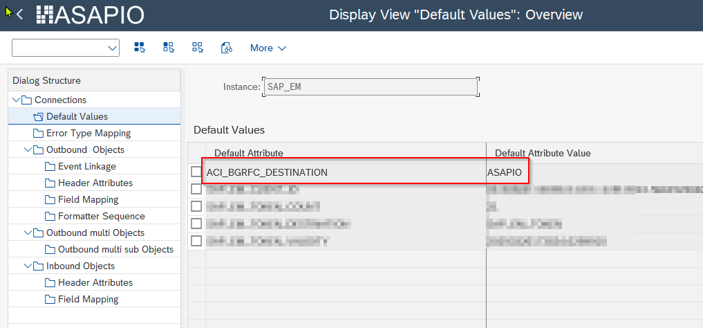 Connection instance default values showing ACI_BGRFC_DESTINATION attribute