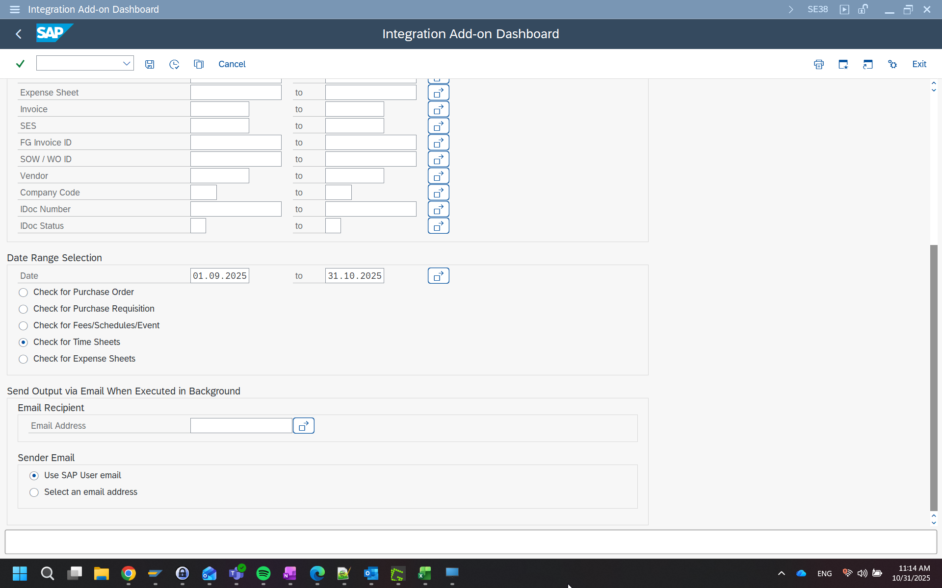 Integration Dashboard – selection screen showing transaction filter options