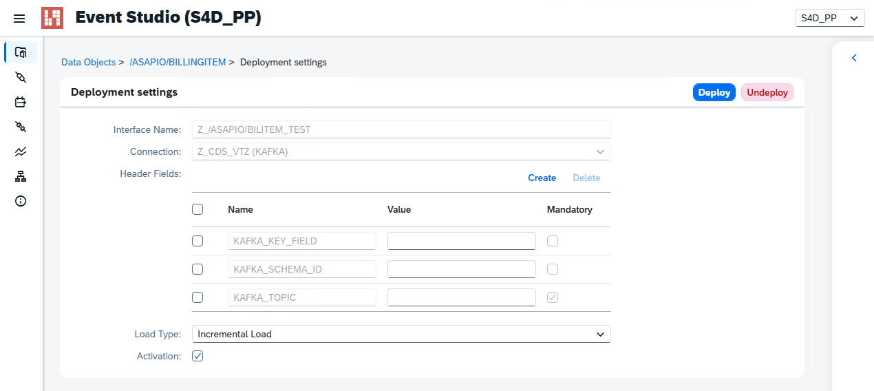 Event Studio screenshot: Deployment settings with Deploy and Undeploy buttons