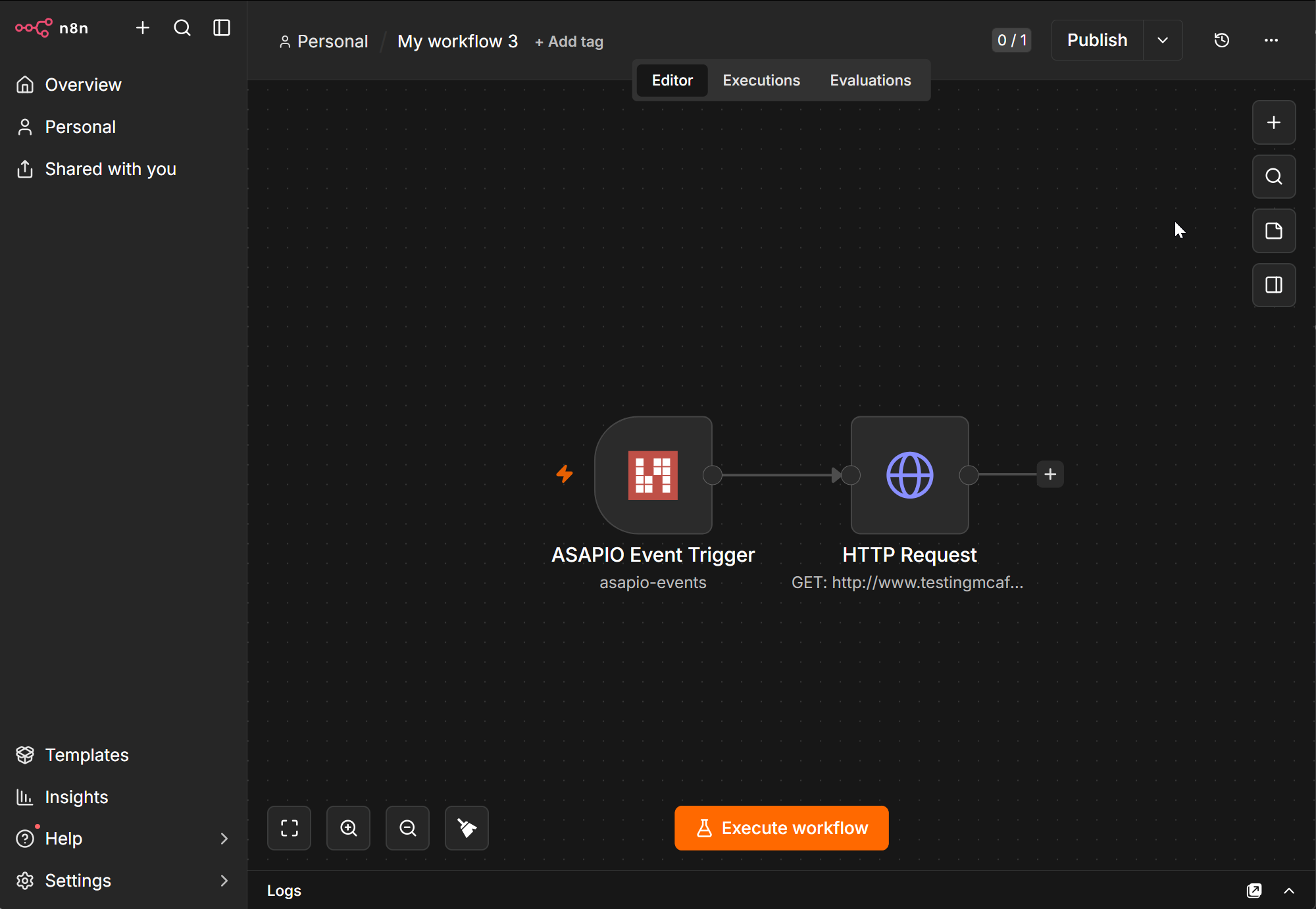 Full n8n editor view showing the ASAPIO Event Trigger node connected to an HTTP Request node in a workflow