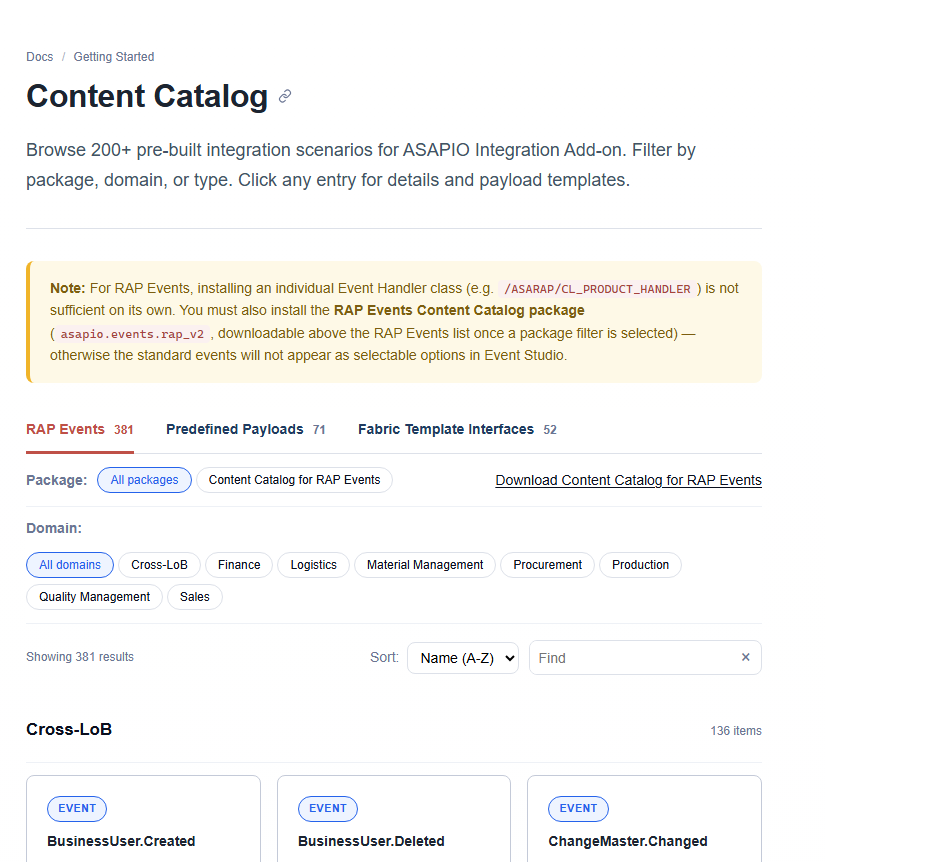 ASAPIO Content Catalog screenshot: RAP Events tab with 381 events, filterable by package and domain