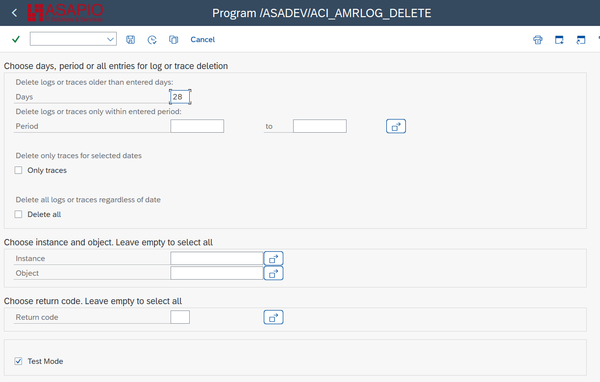 Selection screen of Log deletion report