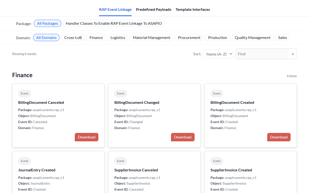 A screenshot of the Integration Catalog for ASAPIO Event Studio